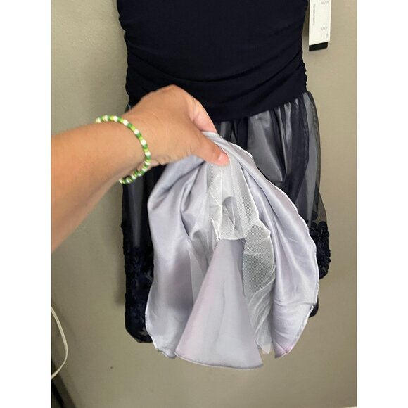 SLNY Missy Blue Fit & Flare Cocktail Party Dress Sleeveless Navy Size 6 Stretch - Picture 14 of 16